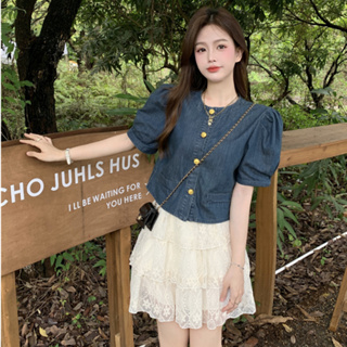 韓版時尚套裝女裝復古泡泡袖圓領短袖短版牛仔襯衫+高腰蕾絲半身裙兩件套