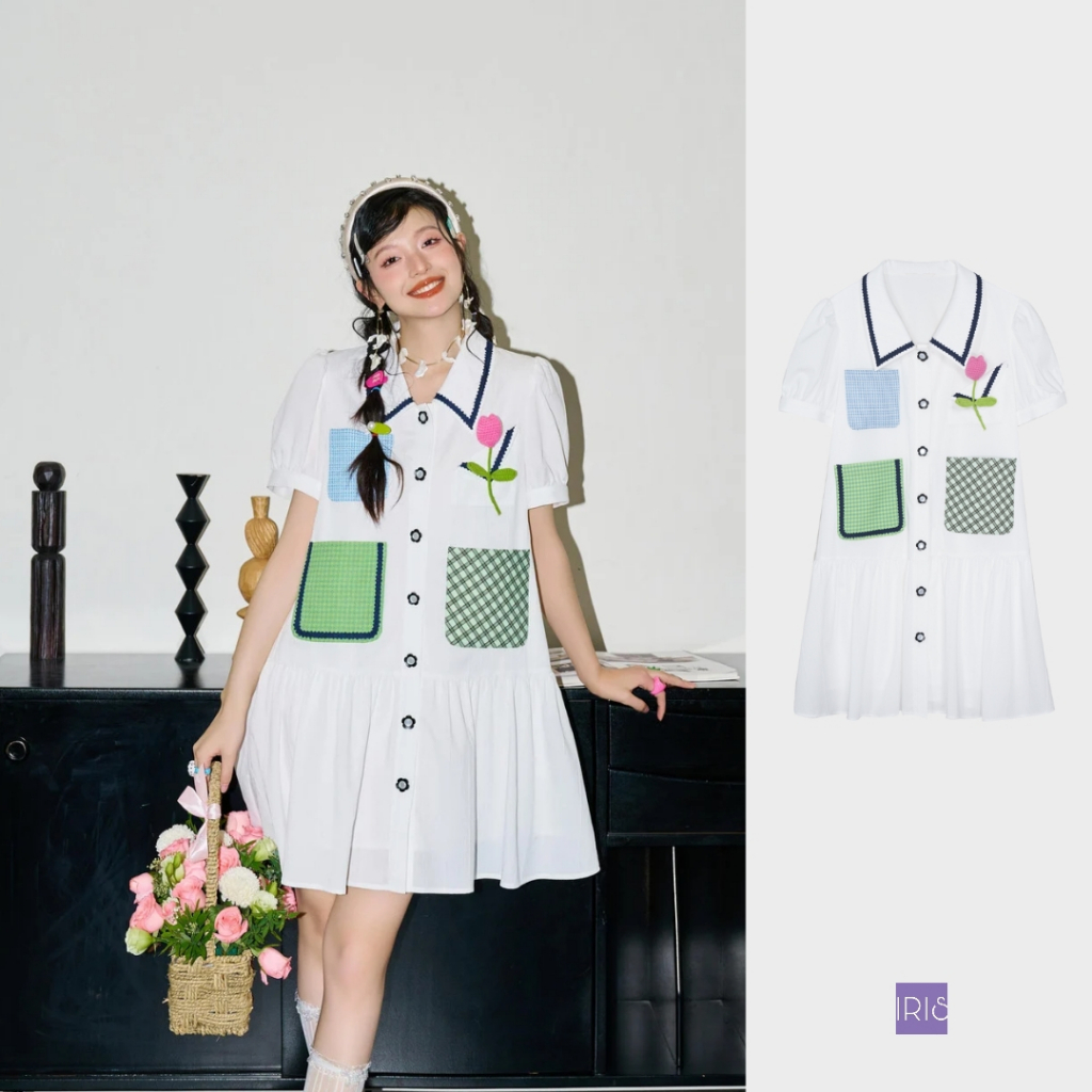 IRIS BOUTIQUE 泰國製造 小眾設計品牌 夏季新款 彩色星球短袖撞色洋裝女