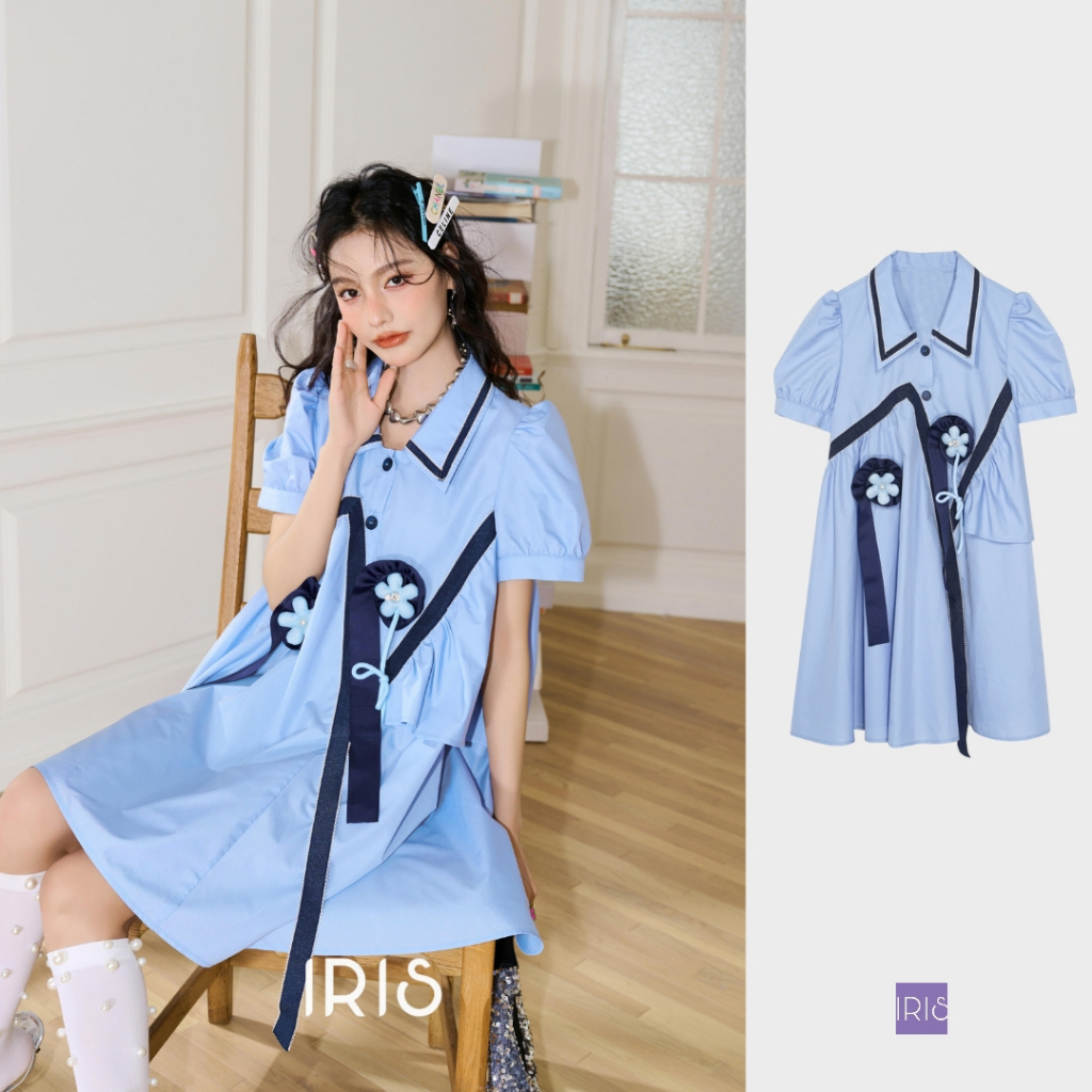 IRIS BOUTIQUE 泰國製造 小眾設計品牌 夏季新款 森林物語藍色短袖織帶洋裝女