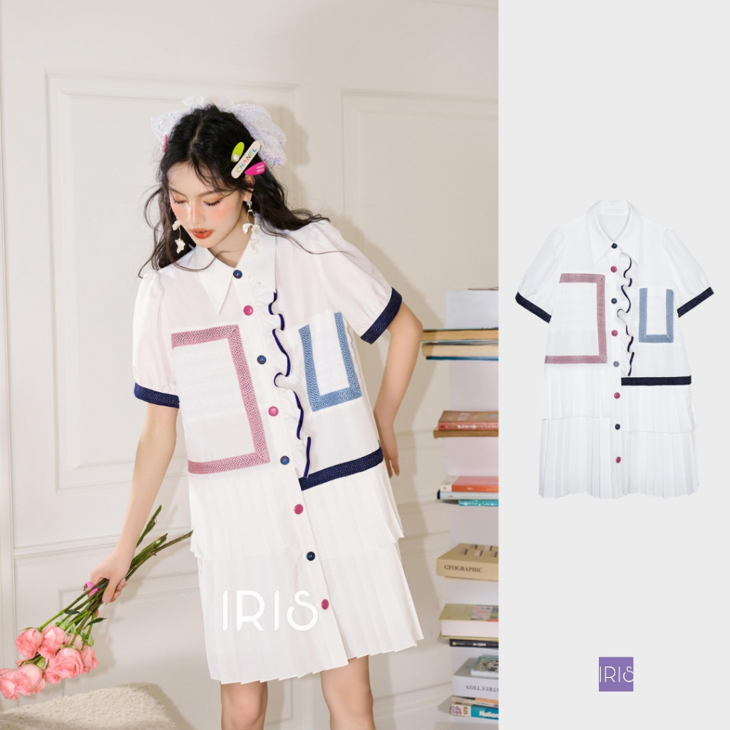 「明星款」IRIS BOUTIQUE 泰國製造 小眾設計品牌 夏季新款 短袖撞色樂高襯衫洋裝女