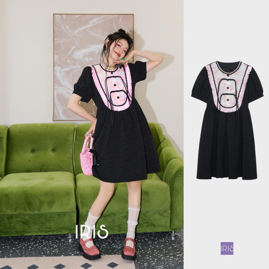 IRIS BOUTIQUE 泰國製造 小眾設計品牌 夏季新款 油畫黑色短袖粉色拼接洋裝女