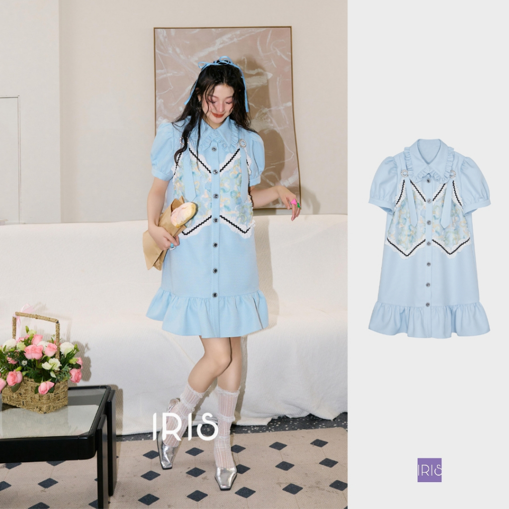 IRIS BOUTIQUE 泰國製造 小眾設計品牌 夏新款 林中苔蘚短袖藍色拼接襯衫洋裝女