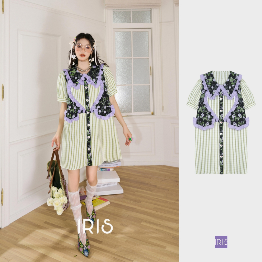 IRIS BOUTIQUE 泰國製造 小眾設計品牌 夏新款 綠色旋律短袖碎花翻領洋裝女