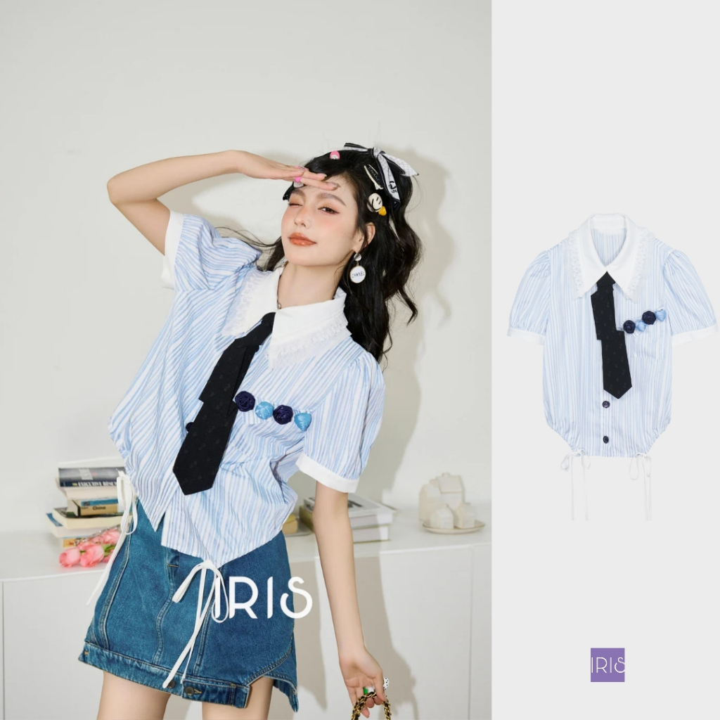 IRIS BOUTIQUE 泰國製造 小眾設計品牌 銀河少女條紋短袖藍色領帶上衣襯衫女