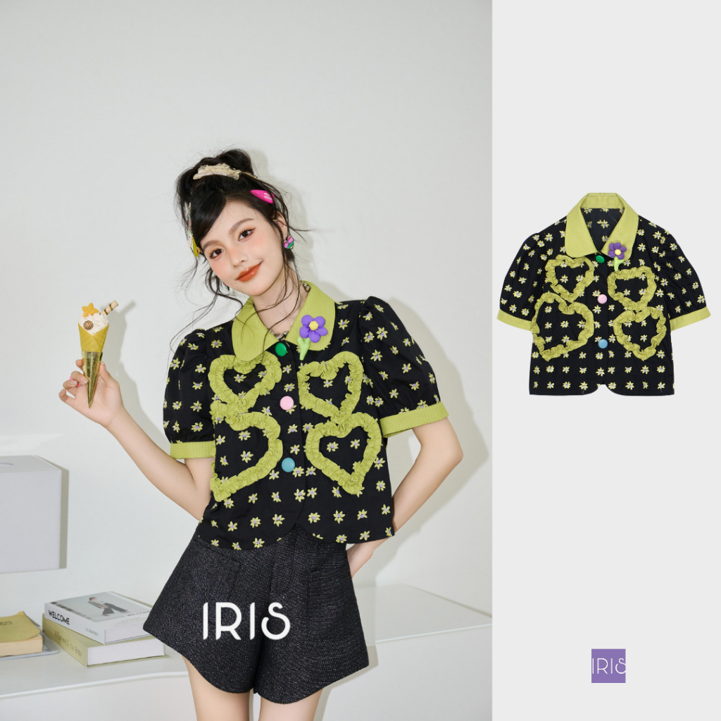 IRIS BOUTIQUE 泰國製造 小眾設計品牌 夏新款  梔曉綠繡花短袖碎花愛心上衣襯衫