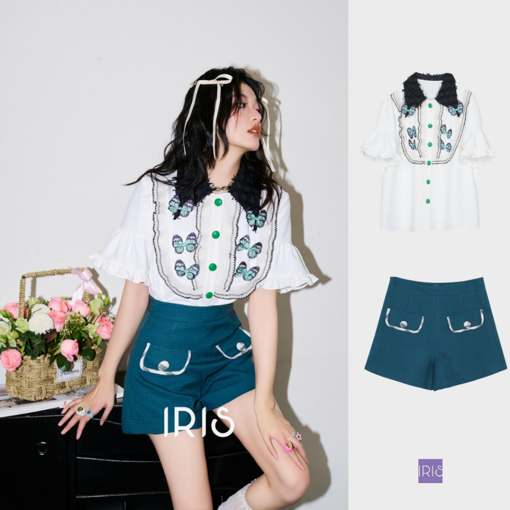 IRIS BOUTIQUE 泰國製造 小眾設計品牌 夏新款 白山茶短袖刺繡襯衫 東青短褲