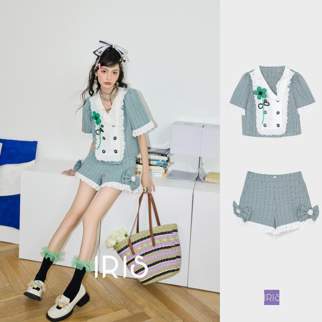 IRIS BOUTIQUE 泰國製造 小眾設計品牌 夏日炎炎薄荷綠拼接撞色套裝襯衫+短褲