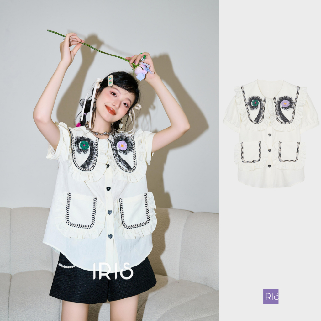 IRIS BOUTIQUE 泰國製造 小眾設計品牌 夏新款 糯米白色刺繡花邊短袖上衣襯衫女