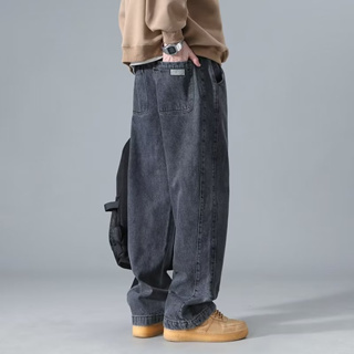 【S-5XL】男士大尺碼百搭寬鬆直筒新款長褲灰色夏季牛仔褲