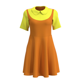 成人魷魚遊戲服裝時尚女裝黃色韓式洋裝連衣裙女孩 123 木製機器人娃娃角色扮演服裝兒童萬聖節派對節日裝扮 4.8