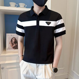 黑/白2色可選 夏季潮流新款條紋拼色Polo衫個性百搭短袖T恤