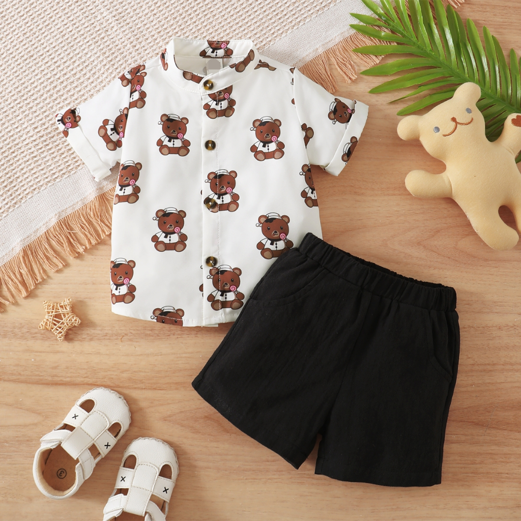 0-3 歲幼兒男嬰 2 件夏季服裝套裝/可愛小熊印花短袖襯衫 + 純色短褲/學步男孩節日派對時尚服裝