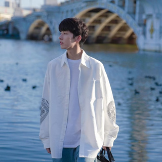 【M-4XL】男士春季長袖襯衫個性時尚印花寬鬆韓版學生上衣