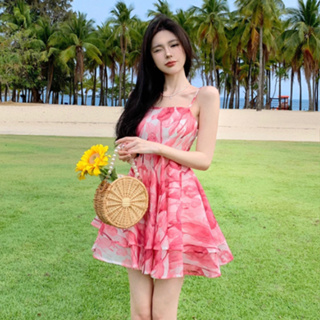 韓版波西米亞性感碎花吊帶洋裝女裝緊身收腰海邊旅行度假高腰無袖印花雪紡洋裝
