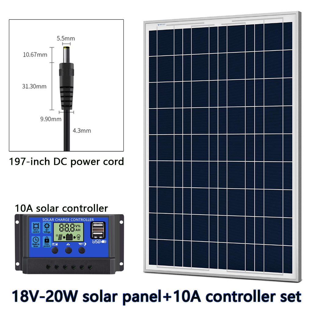 20w 18V 多晶防水太陽能電池板+10A 控制器套裝,用於溫室、帳篷、房車、汽車或供應 12V 燈、排氣扇和其他充電