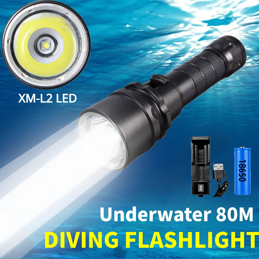 專業水肺燈水下潛水手電筒 L2 5 光模式潛水手電筒 LED 旋轉磁控開關