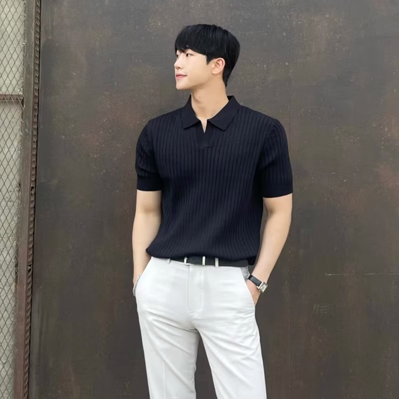 夏季男士針織短袖Polo衫韓版緊身素色休閒翻領短袖T恤打底衫