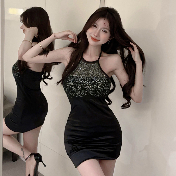 韓版性感辣妹掛脖緊身洋裝女裝緊身收腰彈性迷你包臀黑色無袖絲絨洋裝