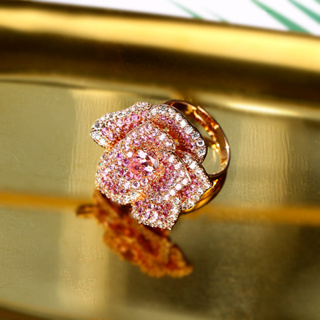 歐美新款粉色鋯石戒指立體玫瑰山茶花開口戒子時尚首飾