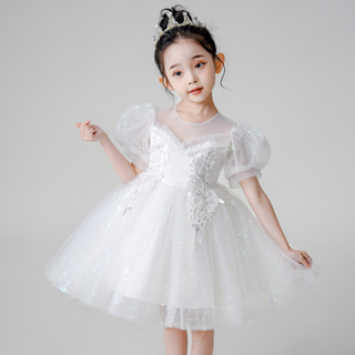 花童公主裙,高貴優雅洋裝 白色香檳色舞會服裝,泡泡袖蕾絲短裙 2-12 歲女孩