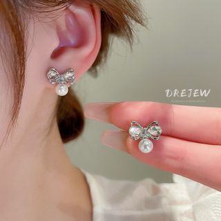 Drejew 銀針鑽石蝴蝶結珍珠耳環甜美設計耳釘簡約高級耳環