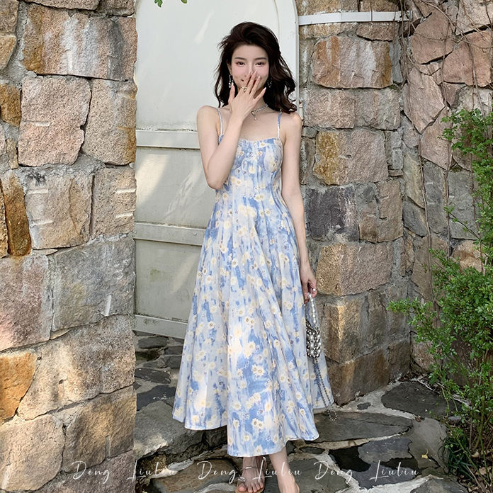 韓版性感藍色油畫長裙女裝緊身收腰高級感中長款碎花吊帶洋裝