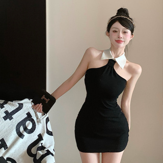 韓版性感辣妹緊身洋裝女裝緊身收腰撞色翻領無袖黑色洋裝