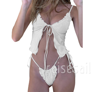 Rsa-女士夏季 2 件沙灘裝套裝白色無袖褶飾吊帶背心 + 低腰繫帶丁字褲