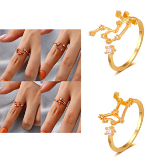 時尚星座戒指 12 星座鑲鑽開口戒指可調節金戒指女士首飾配件