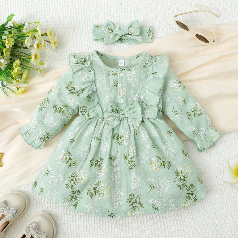 3-24 個月嬰兒女嬰漂亮刺繡花朵公主裙/荷葉邊蝴蝶結 100% 棉裙 + 頭飾/生日派對穿透氣服裝