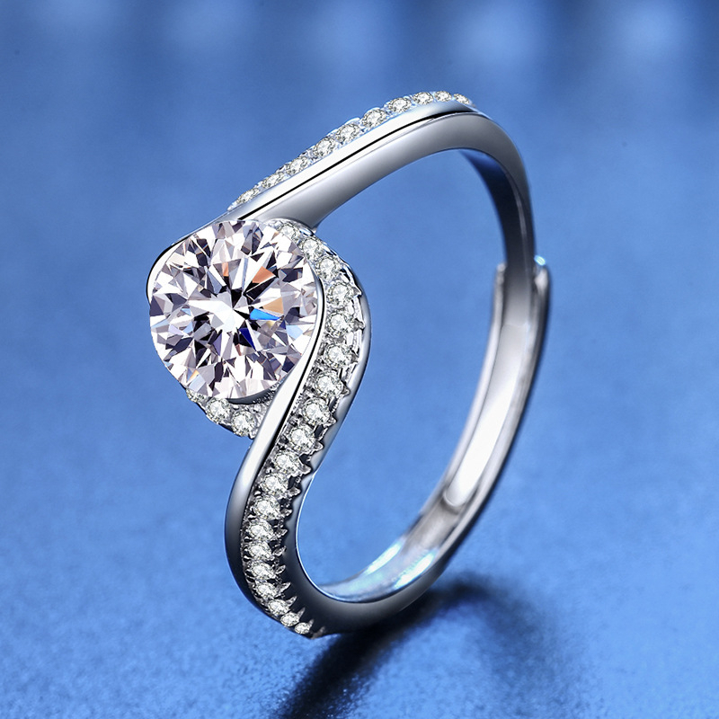 人工鑽石 莫桑石（6.5mm）戒指 女 925銀1克拉 D色莫桑石 可過測鑽筆 帶鑑定證書 開口可調整