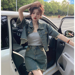 韓版時尚套裝女裝個性街頭復古拼接毛邊短袖牛仔外套+高腰牛仔半身裙兩件套
