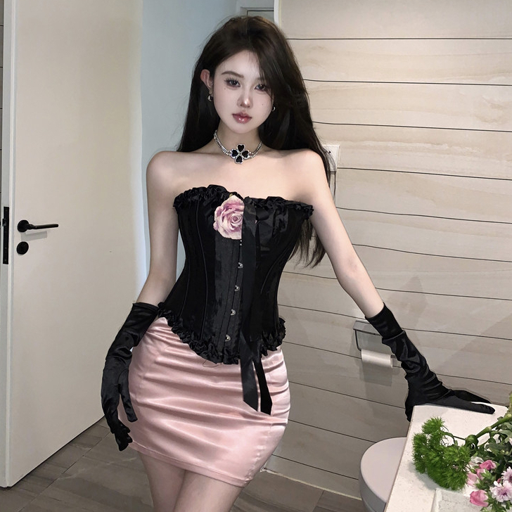 韓版時尚套裝女裝性感辣妹玫瑰花一字領蕾絲花邊抹胸上衣+高腰粉色包臀半身裙兩件套