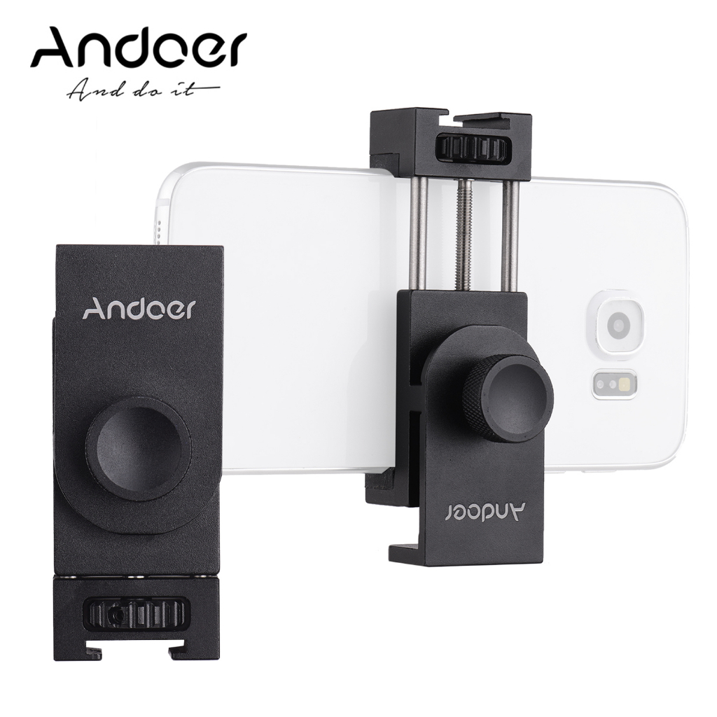 Andoer 手機支架 帶熱靴功能 寬度41mm-74mm 通用1/4”螺絲接口 金屬材質 橫豎旋轉手機夾 通用直播拍照