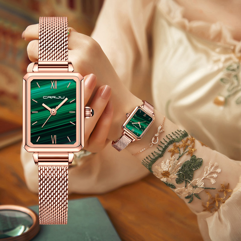 Crrju 女士手錶方形綠色不銹鋼時尚奢華休閒商務運動石英防水 2173 XM