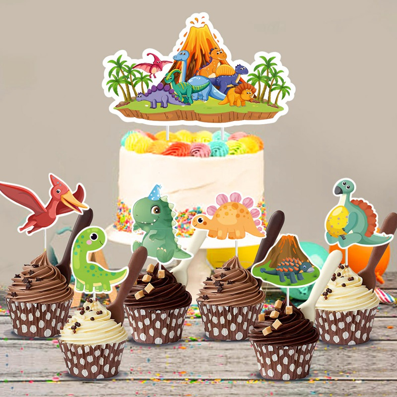 恐龍可愛創意蛋糕裝飾野生動物園主題派對裝飾品卡通雷克斯森林小樹烘焙紙杯蛋糕裝飾插入恐龍生日主題侏羅紀世界蛋糕裝飾