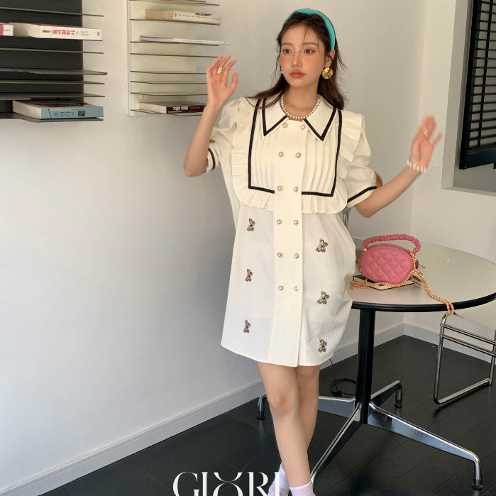 IRIS BOUTIQUE 泰國製造 小眾設計品牌  夏季新 蝴蝶飛飛米色洋裝女