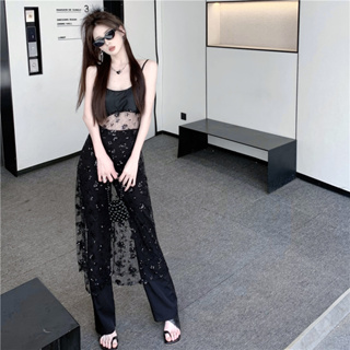 韓版時尚套裝性感緊身中長款黑色吊帶蕾絲洋裝+高腰直筒長褲兩件套
