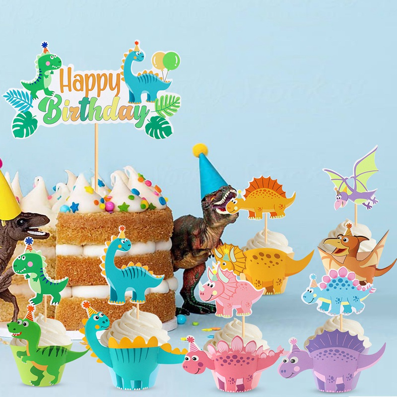 恐龍可愛創意蛋糕裝飾套裝野生動物園主題派對裝飾品卡通紙杯蛋糕包裝紙樹恐龍紙杯蛋糕裝飾插入恐龍生日主題侏羅紀世界蛋糕裝飾