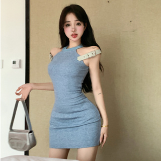 韓版性感辣妹吊帶洋裝女裝緊身收腰彈力無袖掛脖針織洋裝