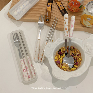 聚有趣❤ins可愛 便捷式家用創意餐具 勺叉筷子套裝 學生上班族環保餐具 可爱餐具 叉勺