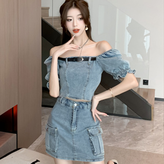韓版時尚套裝女裝緊身性感辣妹設計感短版一字領短袖牛仔上衣+高腰包臀雙口袋牛仔短裙兩件套