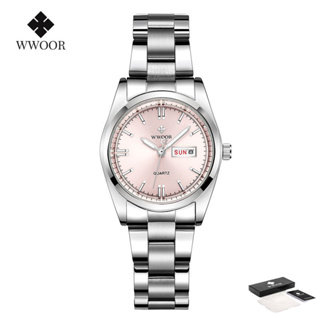 Wwoor 女士正裝手錶星期日期白色小錶盤石英女士手錶不銹鋼防水時尚 -8804