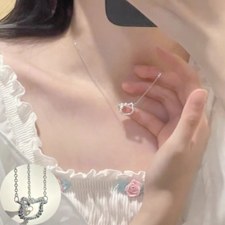 韓國卡通帶鑽石貓珍珠蝴蝶結項鍊女好朋友禮物學生