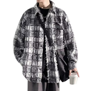 【M-3XL】時尚個性格紋長袖襯衫男士寬鬆春秋季外套