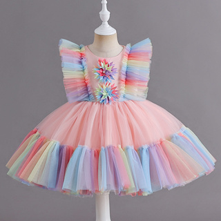 女童公主洋裝 飛袖彩虹色蓬蓬網紗兒童禮服 生日派對舞會表演洋裝連衣裙
