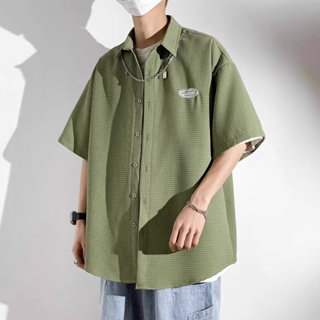 【M-3XL】華夫格短袖襯衫男士夏季寬鬆綠色襯衫外套