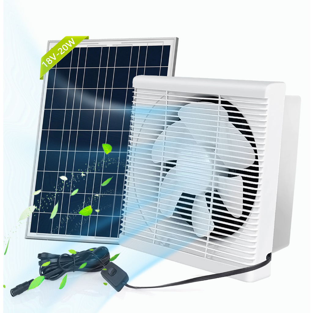 太陽能排風扇專業版20W防水太陽能板+12吋百葉窗排氣扇壁掛式通風降溫通風孔窗式排氣扇浴室厨房抽 風機 抽風扇 通風