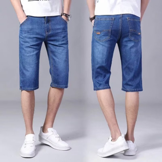 【28-40】男士藍色夏季薄款直筒緊身五分牛仔短褲