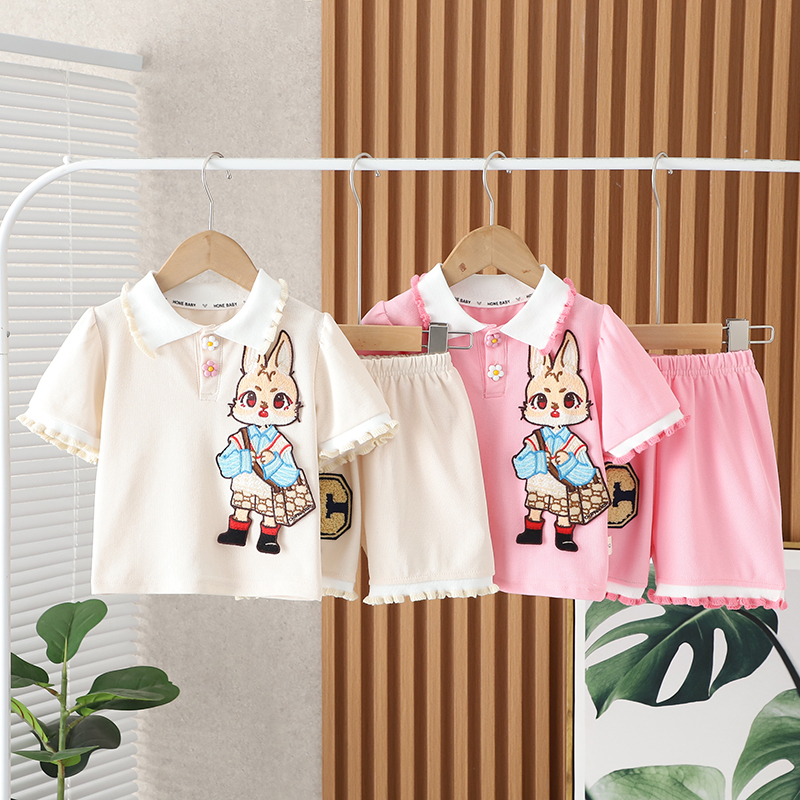 兒童棉衣夏季男嬰兔子造型 O 領 T 恤短褲 2 件/套嬰兒兒童幼兒運動服 0-5 歲